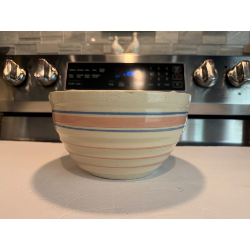 Vintage Beehive Stoneware Mixing Bowl Pink Blue Stripes Ribbed Pottery 9 Inch